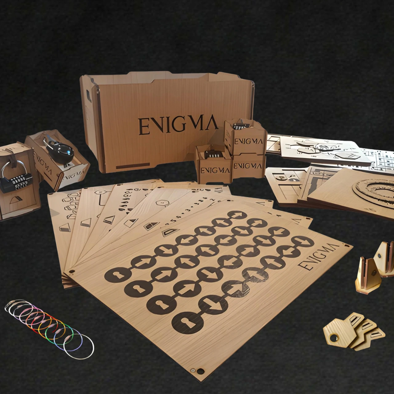 Vue du kit Enigma et de ses énigmes
